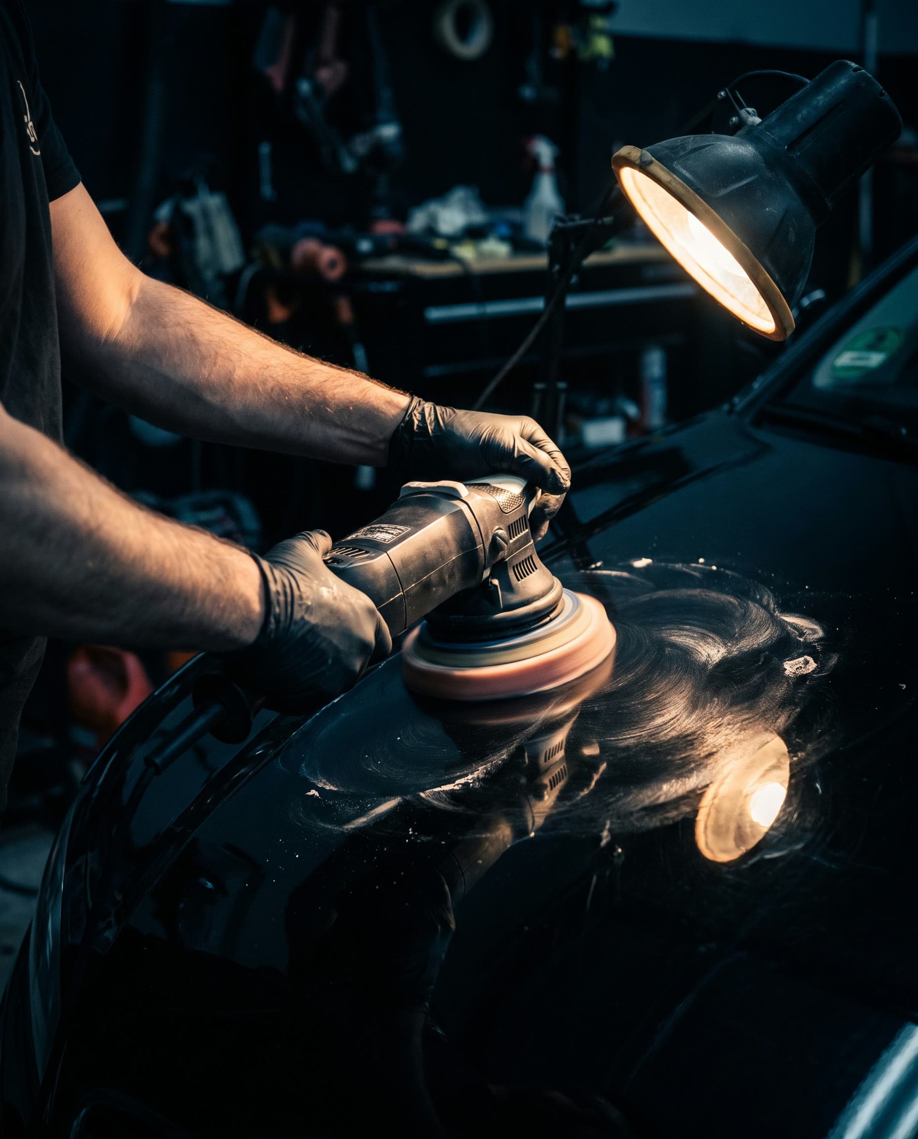 A detailer running a dual action polisher across a dark car panel under a single work light