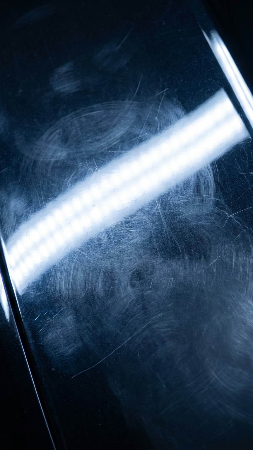 A single strip light raking across dark automotive paint, revealing swirl marks on one side and a mirror finish on the other